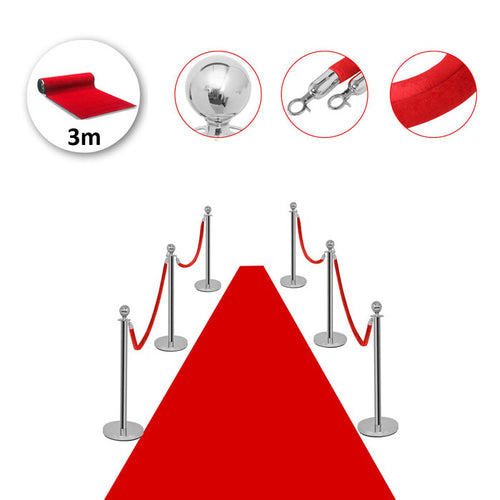 Σετ με 6 διαχωριστικά κολωνάκια ασημί με σφαίρα στην κορυφή, 4 κόκκινα βελούδινα σχοινιά 1.5m και 1 κόκκινο χαλί 3m - Next Systems